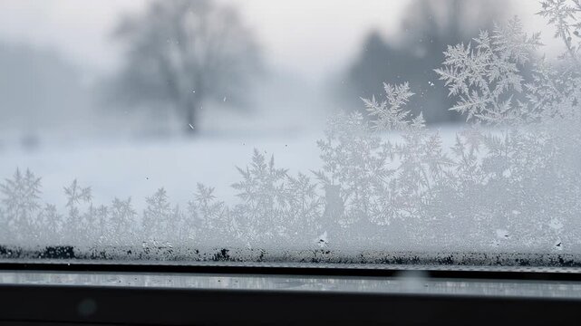 Close up of intricate snowflakes and frost patterns on a cold window with a blurred winter landscape background