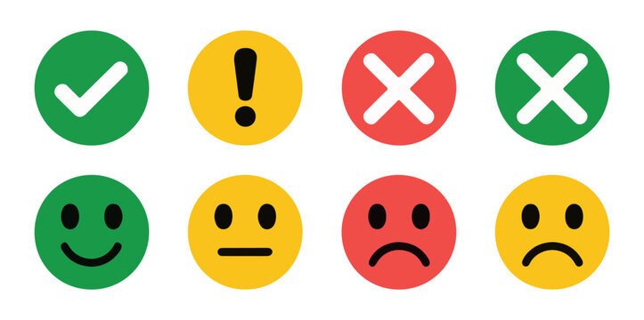 Set of colorful check mark exclamation point cross icons and variety of face expressions for user feedback