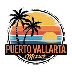 Obraz premium Vintage style graphic featuring palm trees and a sunset over puerto vallarta mexico