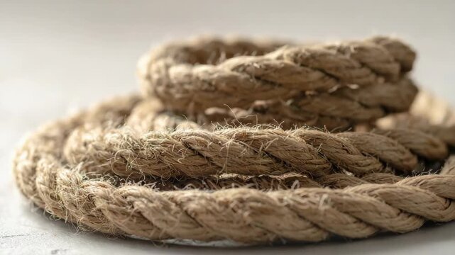 Textured natural fiber rope coiled neatly on a light surface