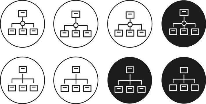 Corporate organizational chart and website sitemap icon set in circular frames for business hierarchy and structure concept.