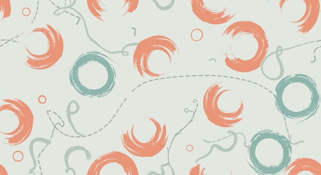 Abstract seamless pattern of peach and teal brushstroke circles and wandering lines on a light grey background.
