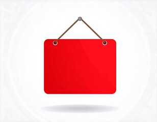 Red rectangle sign, smooth corners, hangs on a brown string, casting a shadow on a white background