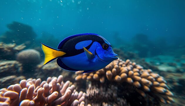 A bright blue Regal Tang fish swims near colorful coral reefs in clear ocean water.