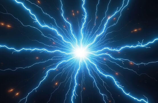Bright blue electric bolts radiate from glowing center point. Energy arcs spread outwards on dark background. Small sparks fly around bright light burst. Intense power concept.
