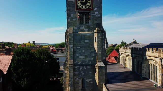 Drone aerial footage of St Thomas's Church in Salisbury Wiltshire England, historic parish church in the medieval city near Salisbury Cathedral.
