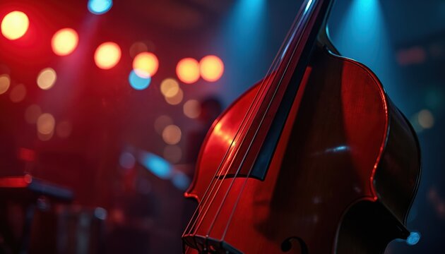 Close up of double bass strings and wood body illuminated by red and blue stage lights. Musical instrument on performance stage with bokeh background lights for concert or jazz.