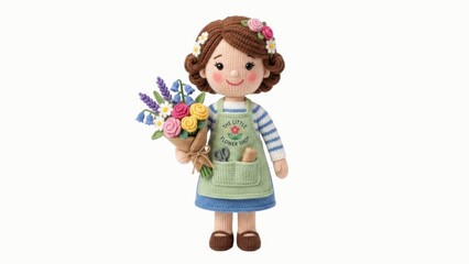 Fototapeta premium Doll holding flowers playroom toy photography bright colors close-up creative inspiration