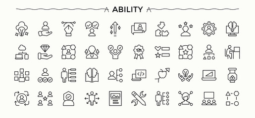 Ability line icon set. Communication icon set. Isolated icons. Related to skill, knowledge, intelligence, communication and more. Editable vector stroke.