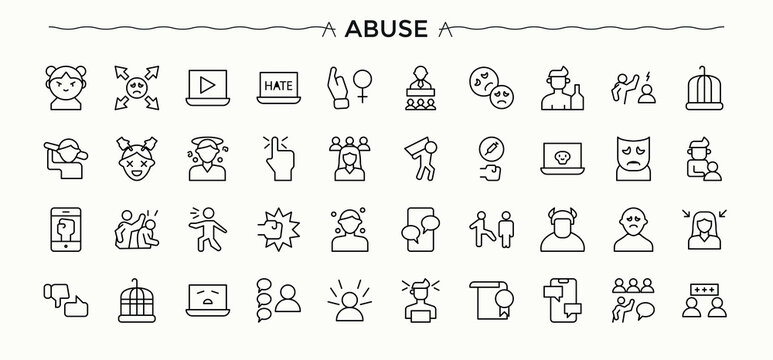 Abuse icon set. It contains symbols to molest, discrimination, violence, assault, crime and more. Harassment vector line icon set. Minimal thin line web icons set. Pixel perfect. Editable stroke.