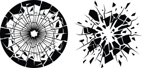Shattered glass fragments radiating from a central impact point in a circular pattern, viewed from a direct perspective, illustrating destruction and chaos.