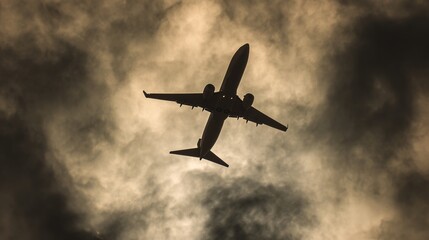 ascending. An aircraft climbs through dramatic clouds, illuminated by striking sidelight. mobility guides, transit brochures, designed for mobility and urban transit guides, used by PR specialists.
