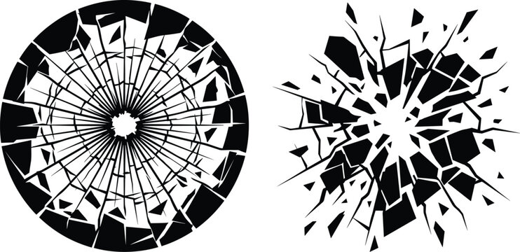 Shattered glass fragments radiating from a central impact point in a circular pattern, viewed from a direct perspective, illustrating destruction and chaos.