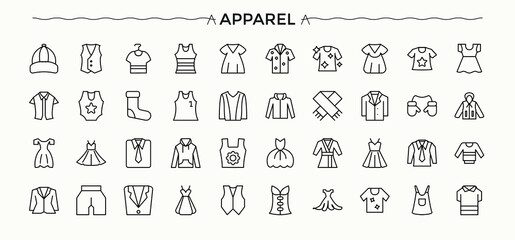 Apparel icon set. Fashion icon set. Minimal icons set. Related to outerwear, fashion, outfit, clothes, cloth, dress and more. Editable stroke vector art.