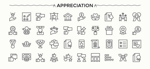 Appreciation icon set. Includes thin line symbols positive, comment, review, rating, survey, feedback and more. Testimonial line icon set. Thin icons set. Pixel perfect. Editable vector.