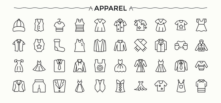 Apparel icon set. Fashion icon set. Minimal icons set. Related to outerwear, fashion, outfit, clothes, cloth, dress and more. Editable stroke vector art.