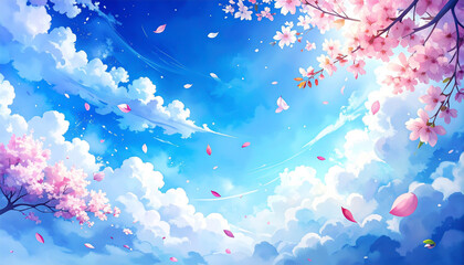 青空の下で桜の花びらが舞う春の空　水彩イラスト