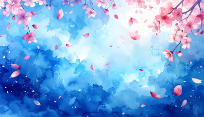 桜の花びらが舞い散る水彩背景　春のブルーグラデーション
