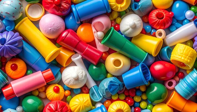 Vibrant assortment of colorful beads and plastic shapes scattered randomly from a top-down viewpoint