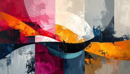 幾何学と曲線が交差するカラフルなコンテンポラリー抽象アート