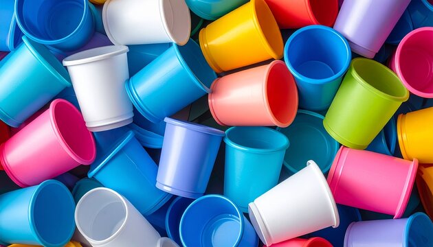 Assorted colorful plastic cups scattered in a disorganized pile, viewed from directly above