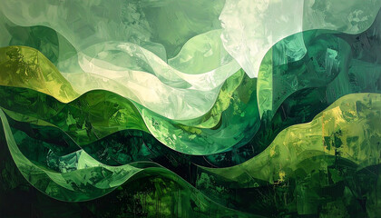 緑の曲線が重なるコンテンポラリー抽象アート　背景素材