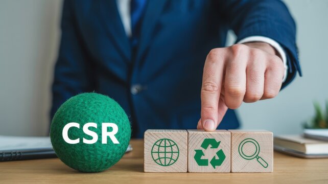 Businessman hand pointing at wooden blocks with environment icons and a green CSR ball on desk
