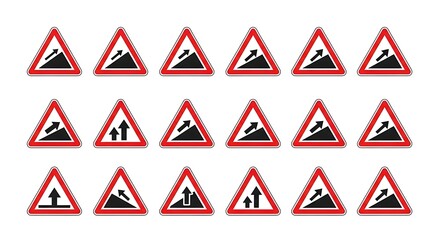 Collection of road signs indicating ascending slopes and directional arrows