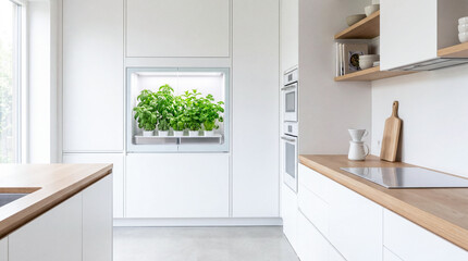 Modern kitchen interior with a built in hydroponic herb growing system installed inside cabinetry, showing fresh herbs growing under integrated grow lights.