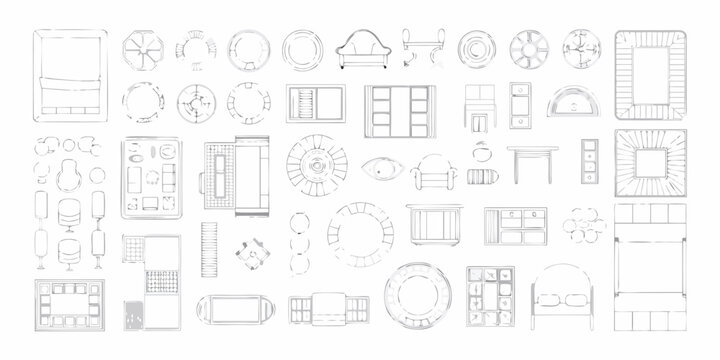 Collection of hand drawn furniture and architectural element top down views