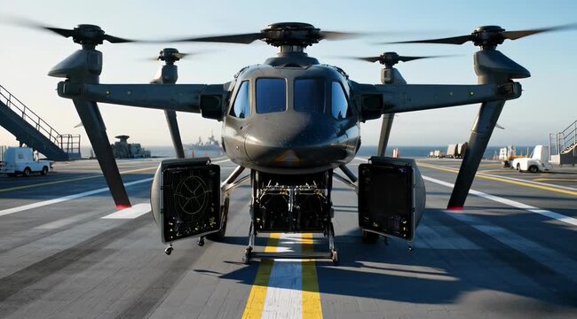 Military Helicopters on Warship Deck with Naval Fleet Ocean