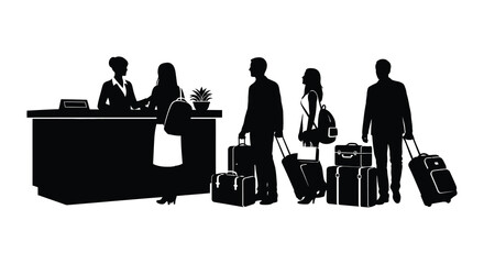 A hotel reception scene depicts staff assisting guests with luggage showcasing a striking silhouette high quality professional detailed
