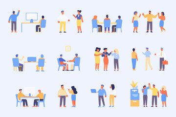 Diverse group of people collaborating in various business meeting scenarios