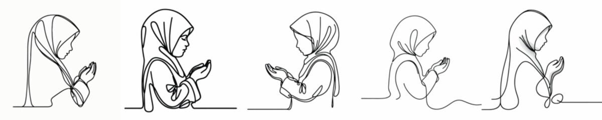 Obraz premium half body line art of a Muslim little girl standing in prayer gesture side view