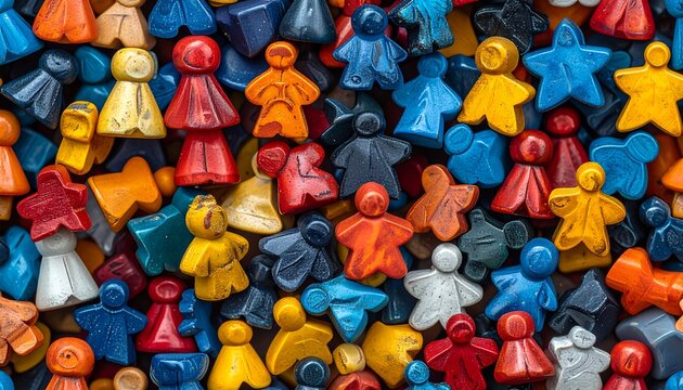 Vibrant game pieces scattered randomly across the surface from a top-down viewpoint