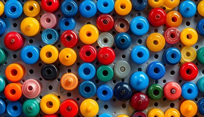 Fototapeta premium Assorted colorful bottle caps arranged on a pegboard storage system, viewed from directly above.