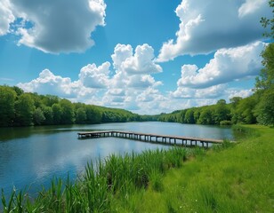 Fototapeta premium Wooden pier extends into calm blue lake surrounded by rich green forest under bright cloudy sky. Peaceful natural scenery offers tranquil waterside escape and outdoor recreation.