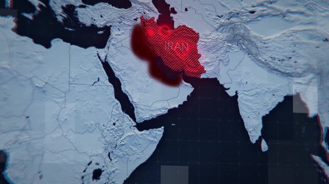 Animated map depicting airstrikes on Iran and retaliatory Iranian strikes on neighboring countries hosting US bases. Visualizing escalating conflict and military tensions in the Middle East