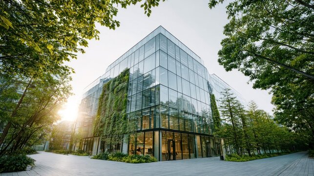Modern glass office building with vertical garden and surrounding trees bathed in sunlight