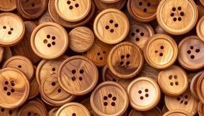 Overhead view of numerous wooden buttons with four holes on a wooden surface