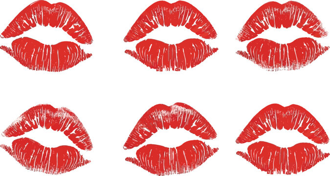 Red Lipstick Kiss Marks Set, Isolated Lip Prints on White Background, Romantic Makeup
