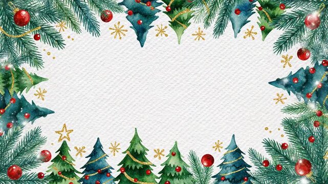 Watercolor Christmas Trees Border with Ornaments and Snowflakes