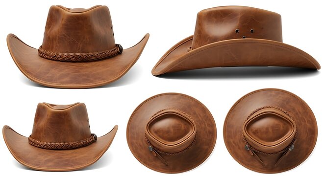 A collection of brown leather cowboy hats displayed from various angles on a clean background