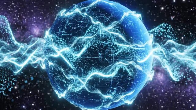 Abstract blue planet with glowing energy waves in starry galaxy