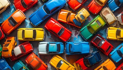Top view of assorted colorful toy cars scattered on a textured surface