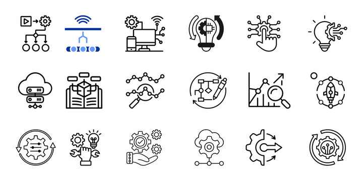 collection of development process icons illustrating software engineering, data management, cloud computing, and operational efficiency concepts with clean line art