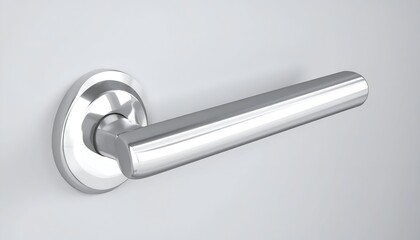 Shiny, metallic door handle mounted on a white surface, angled slightly