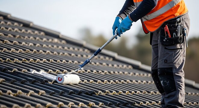 Worker applying white paint to a tiled roof with a roller and extension pole