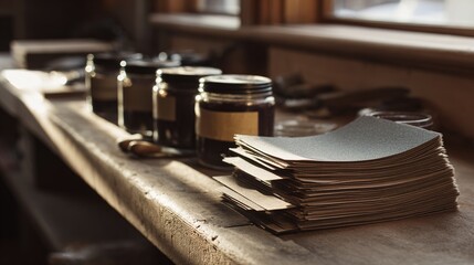 Obraz premium sandpaper. An orderly arrangement of sandpaper sheets and paste jars on a carpenter's wooden bench. safety posters, maintenance manuals, designed for industrial assembly lines and welding operations.