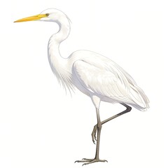 Obraz premium Great white egret vector illustration isolated on white background, elegant heron standing on one leg, bird wildlife nature design element